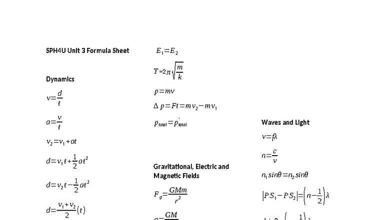 SPH4U Unit 4 Test Formula Sheet: Dynamics & Fields - Studocu