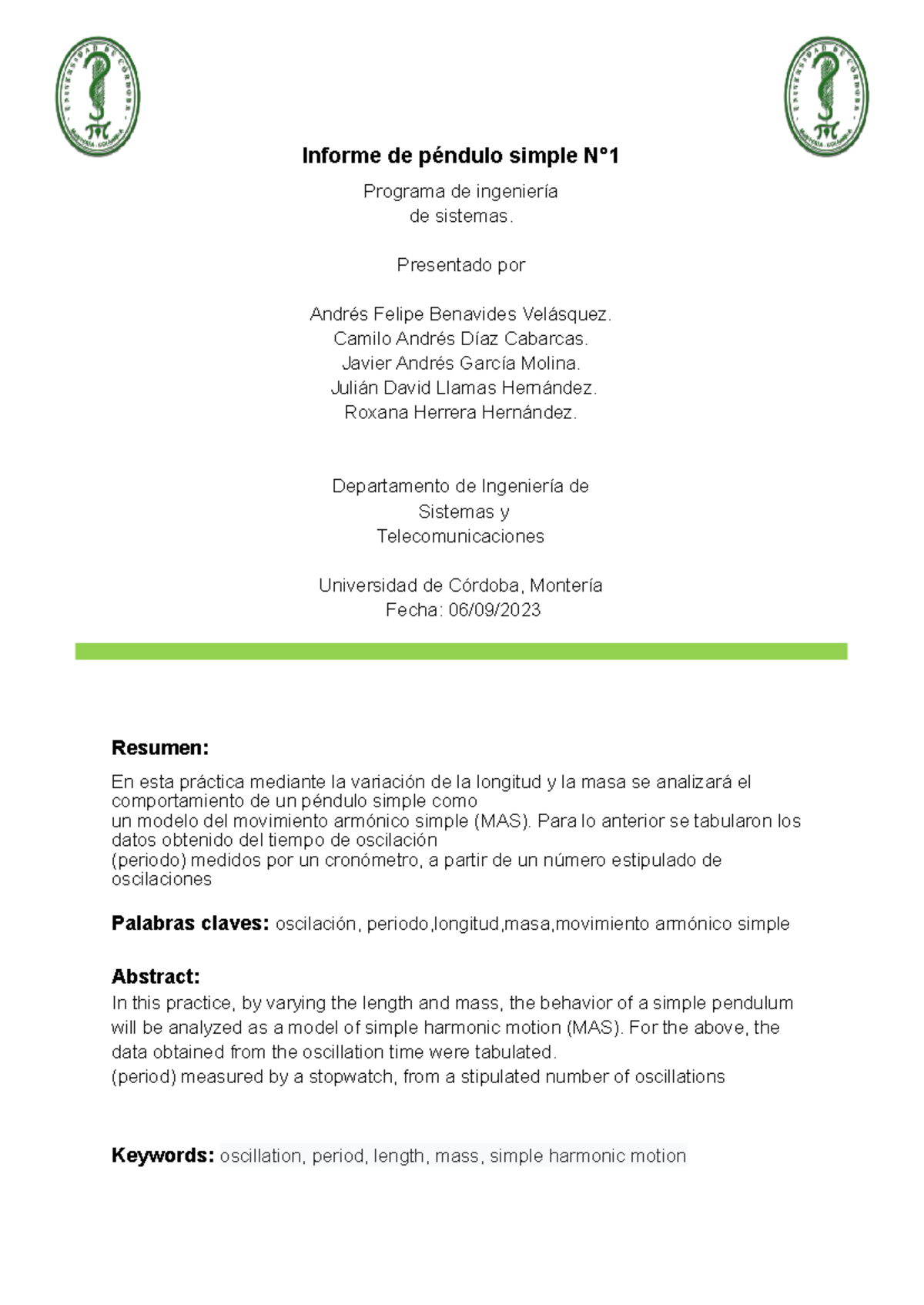 Informe del Péndulo Simple: Análisis del Movimiento Armónico (IS-101) - Document Preview