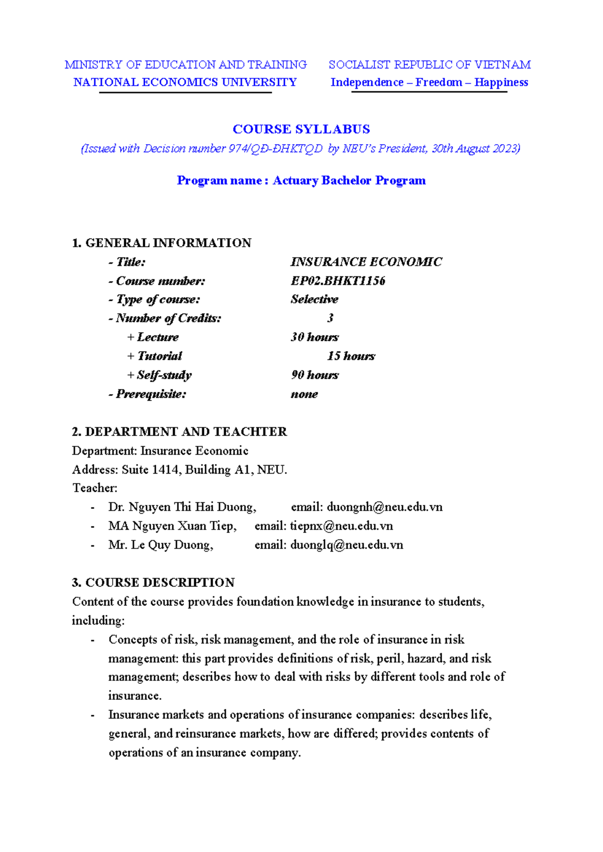 Course Syllabus: EP02.BHKT1156 - Insurance Economics - Studocu