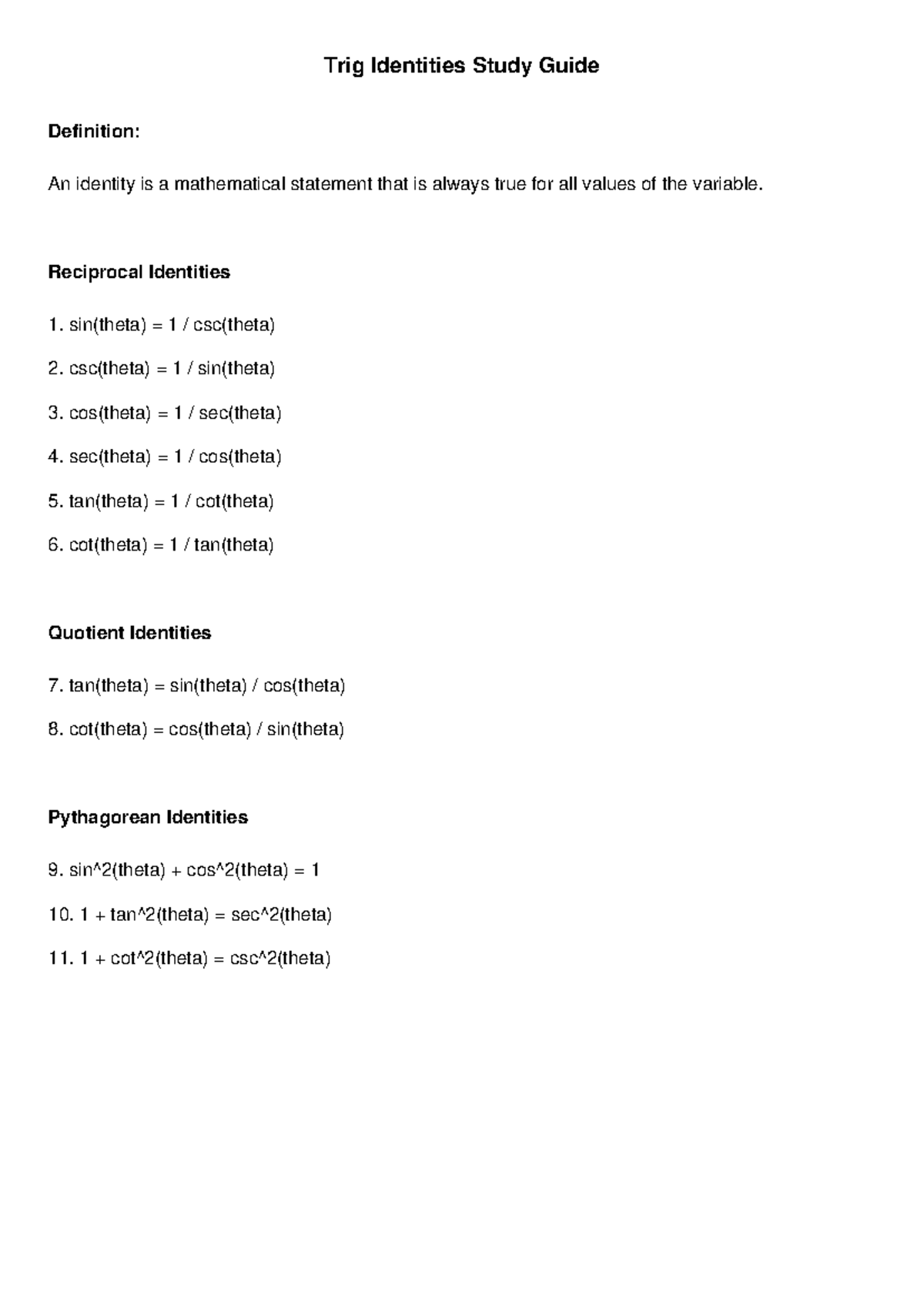 Trig Identities Study Guide for Math 101 Final Exam - Trig Identities ...