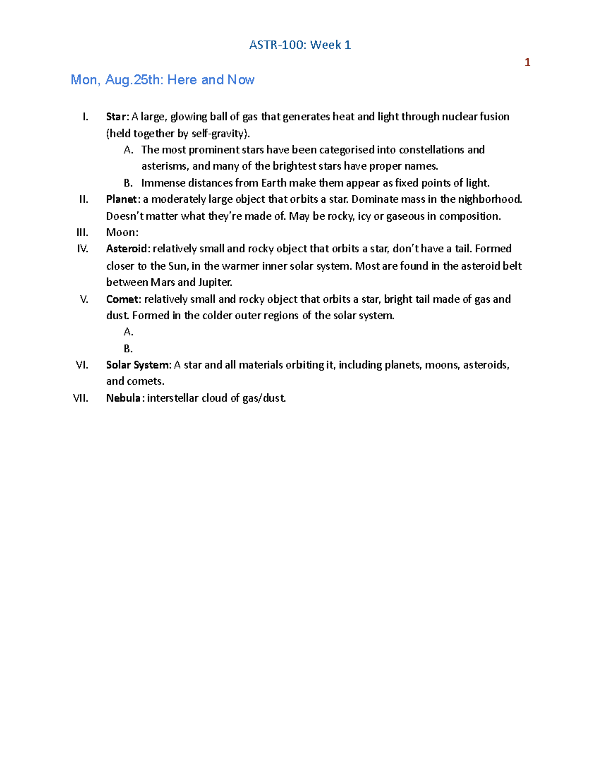 Astr 100 Week 1 Lecture Notes Stars Planets And The Universe Studocu
