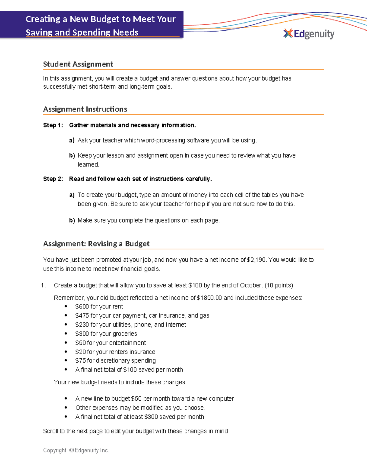 Creating a Personal Budget: Student Assignment Overview and ...