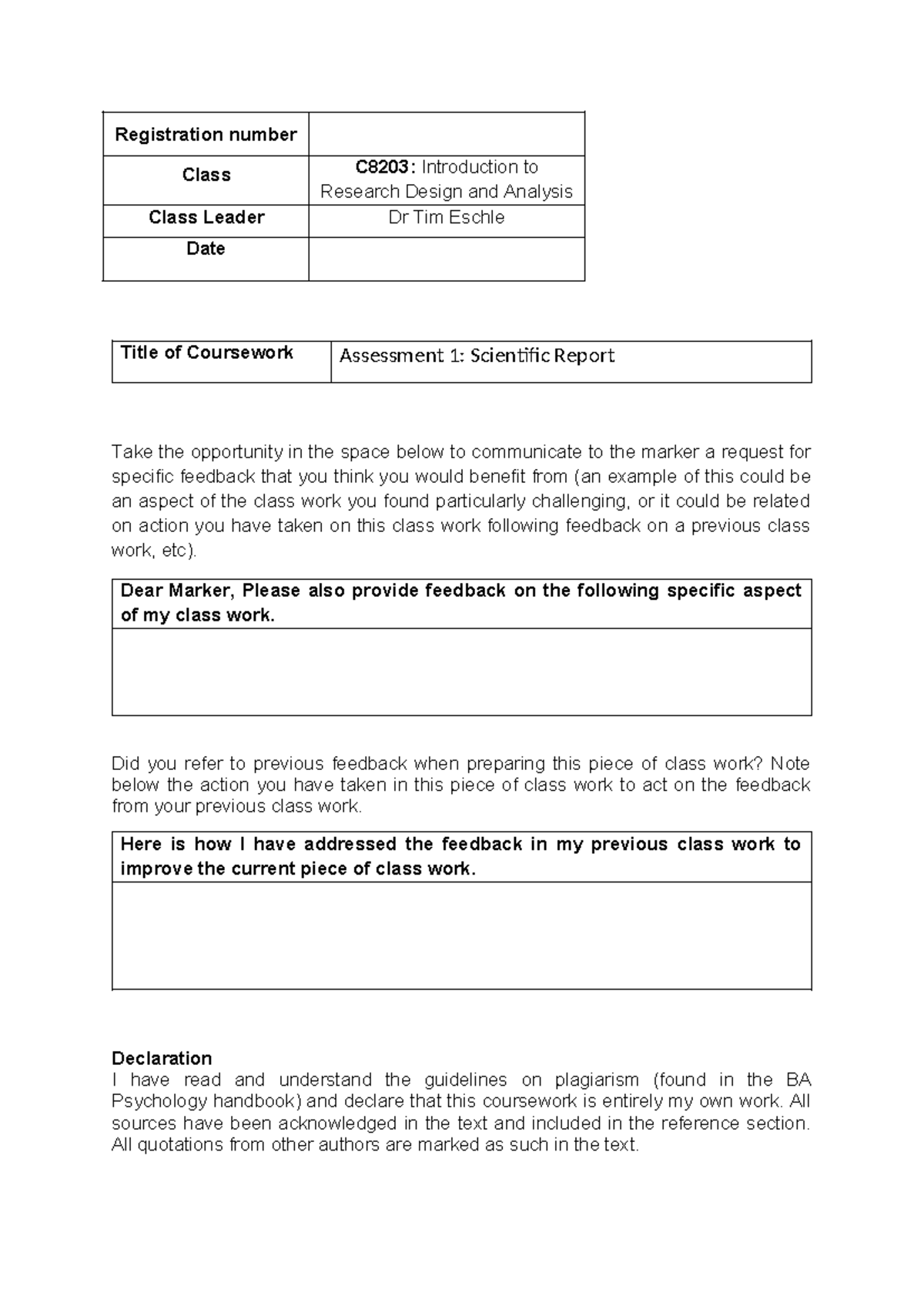 C8203: Feedback Request for Scientific Report - BA Psychology - Studocu
