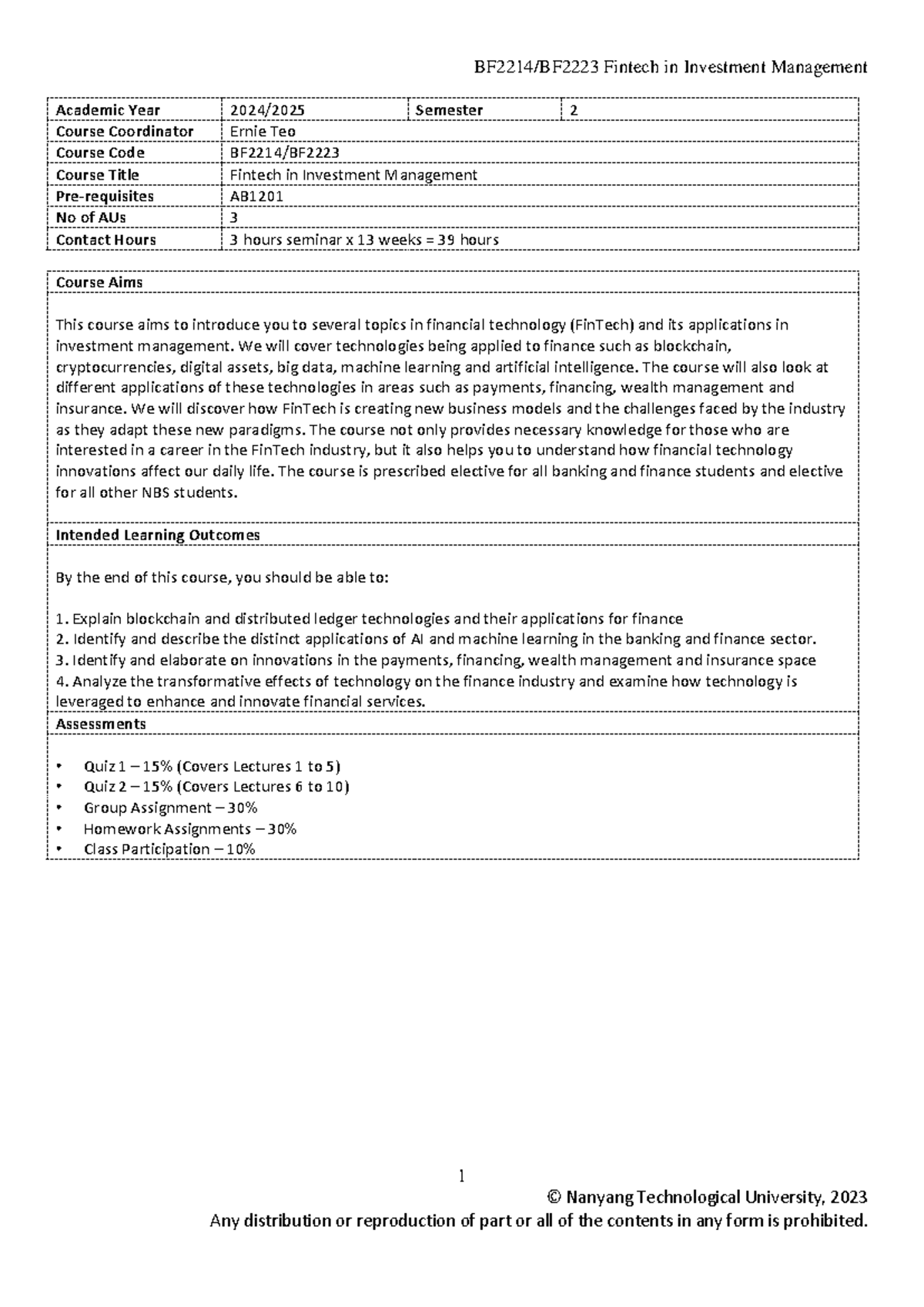 BF2214/BF2223 Outline for Fintech in Investment Management Course - Studocu