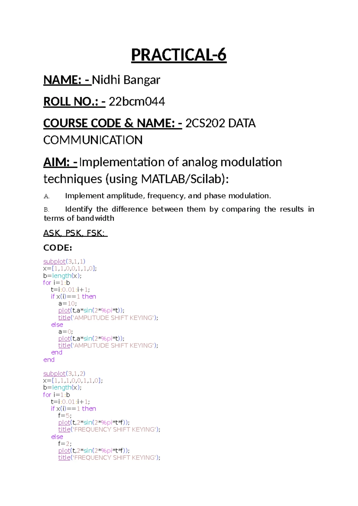 DClab 2 - Course Name: Digital communication Course Code: CE Aim ...