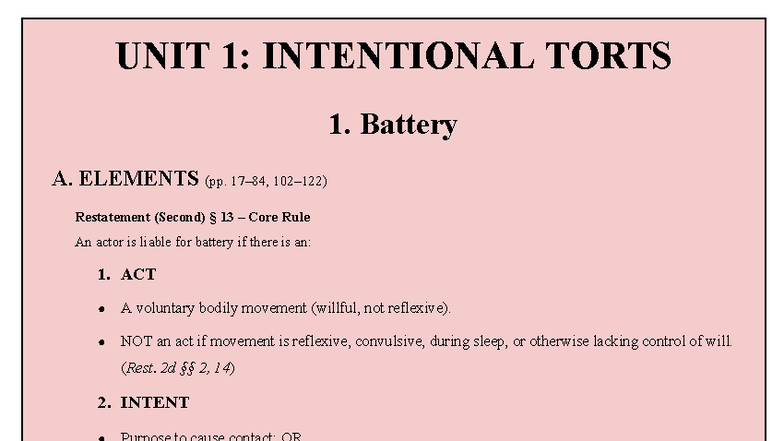 Intentional Torts Review (LAW 101) - Key Principles and Case Law - Studocu