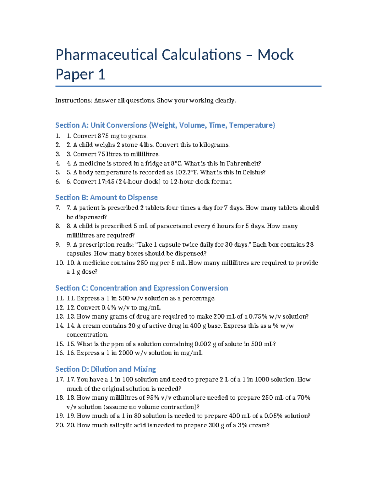 Pharmaceutical Calculations Mock Paper 1: Comprehensive Practice ...