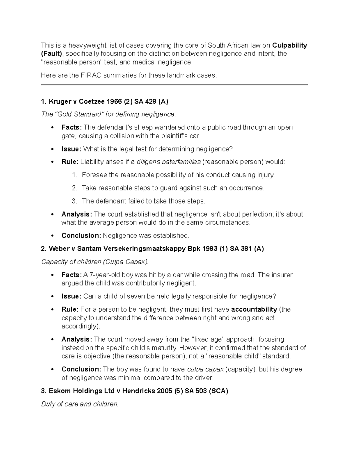 IURI 237 SU 5 Case Summaries on Culpability in South African Law - Studocu