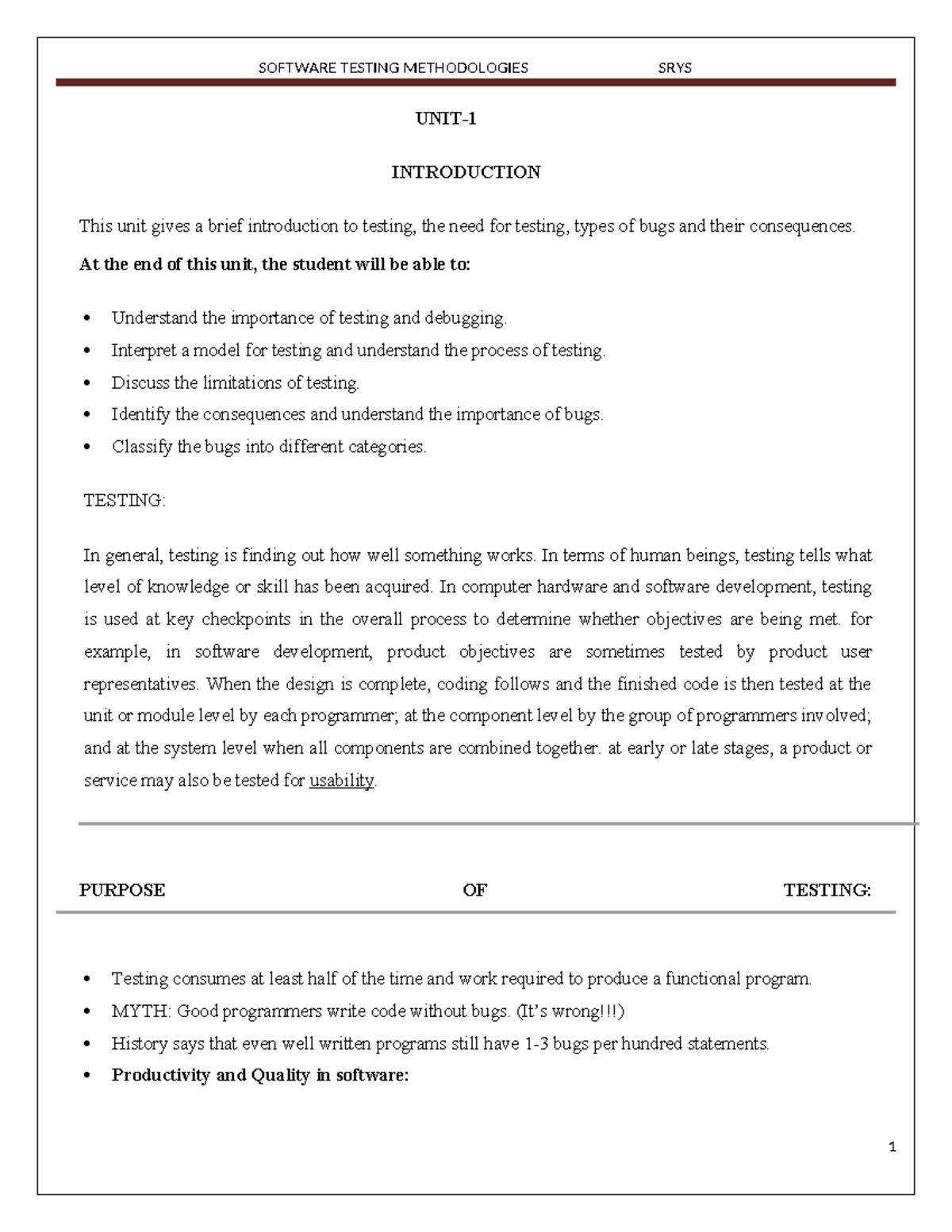 Software Testing Methodologies: An Introduction (STM-1 Notes) - Studocu