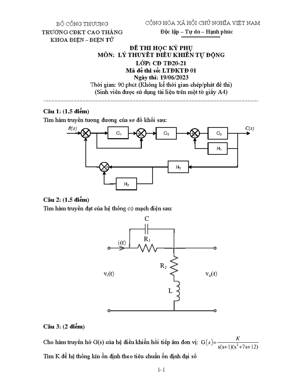 Đề Thi Học Kỳ Phụ Môn: Lý Thuyết Điều Khiển Tự Động - DKTD 6/2023 - Studocu