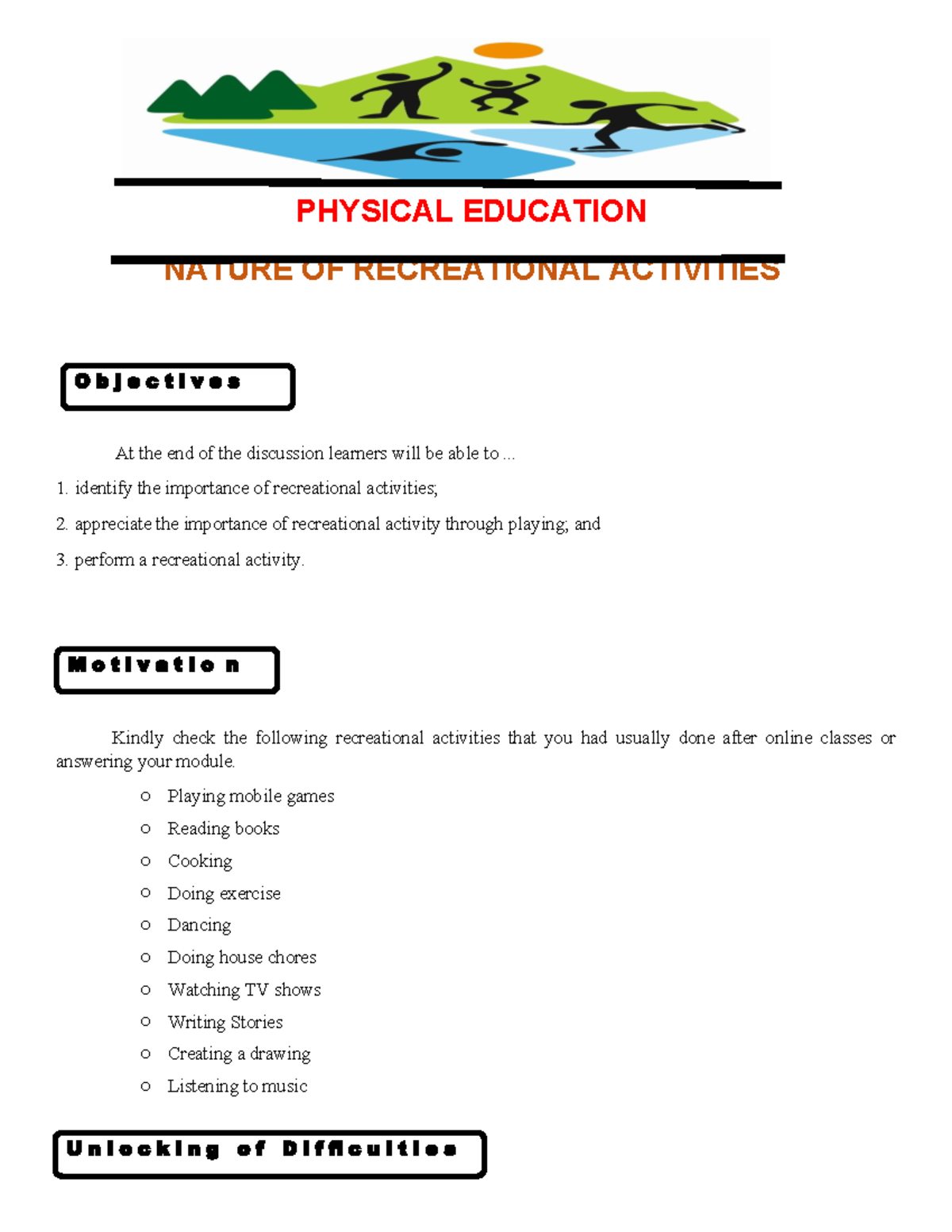 PE 101: Lesson 1 - Understanding Recreational Activities and Their ...