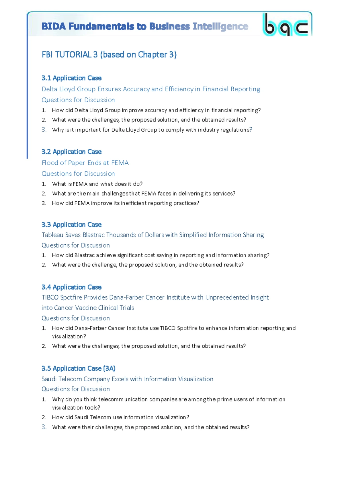 BI 102 FBI Tutorial 1 - FBI TUTORIAL 1 Objectives Knowledge Understand ...