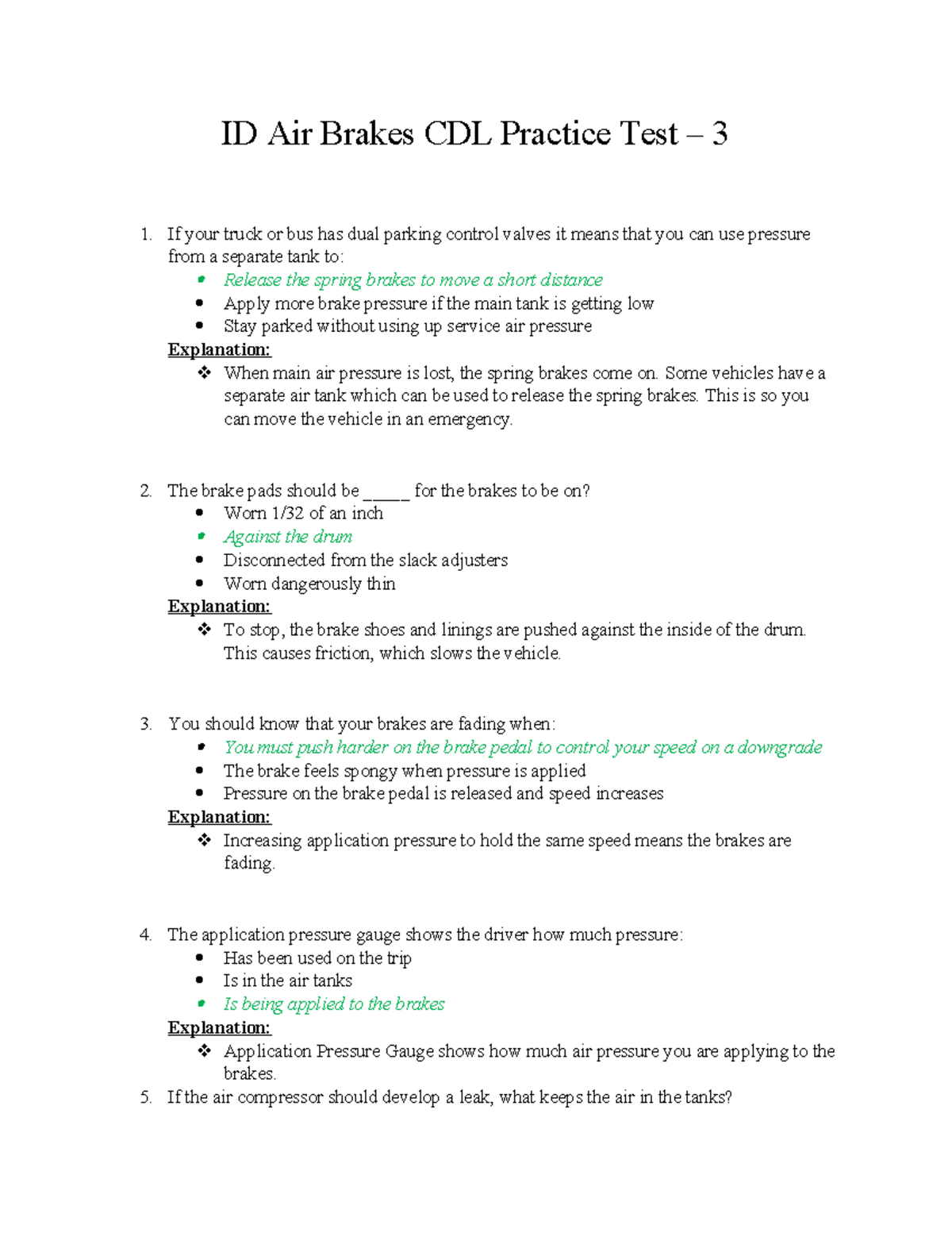 ID Air Brakes CDL Practice Test 3: Key Concepts & Questions - Studocu