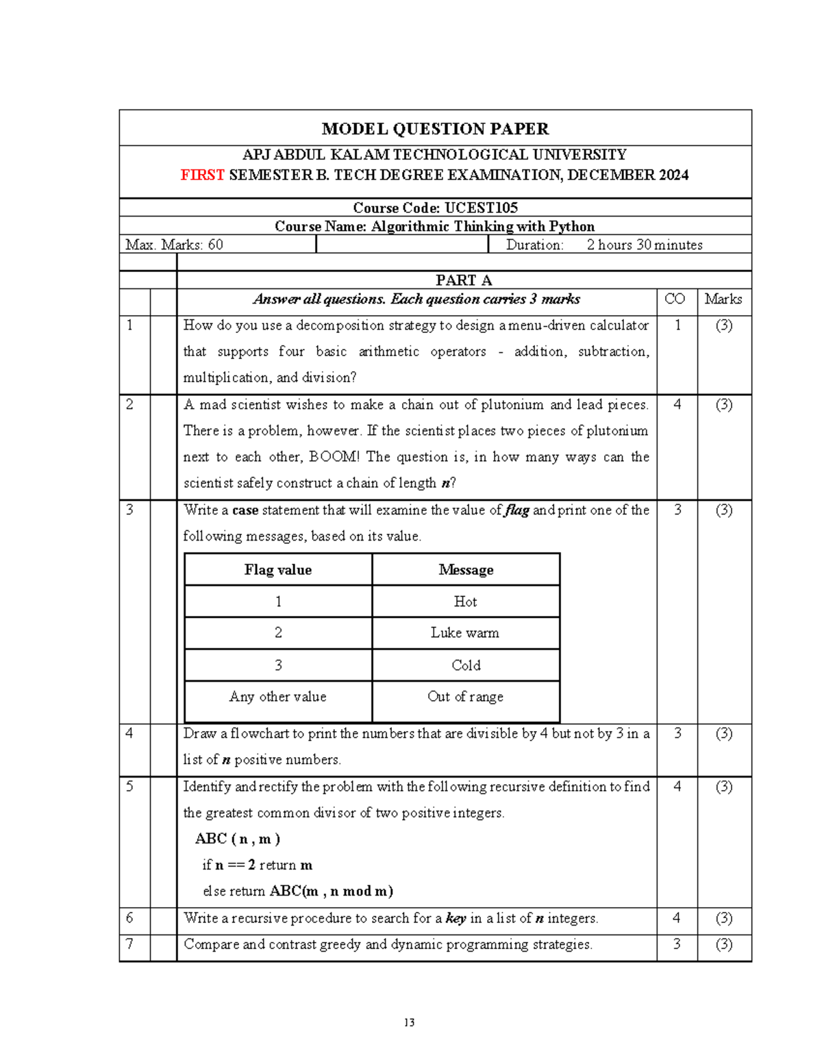 S1 Group A - Model Question Paper for UCEST Algorithmic Thinking Exam ...