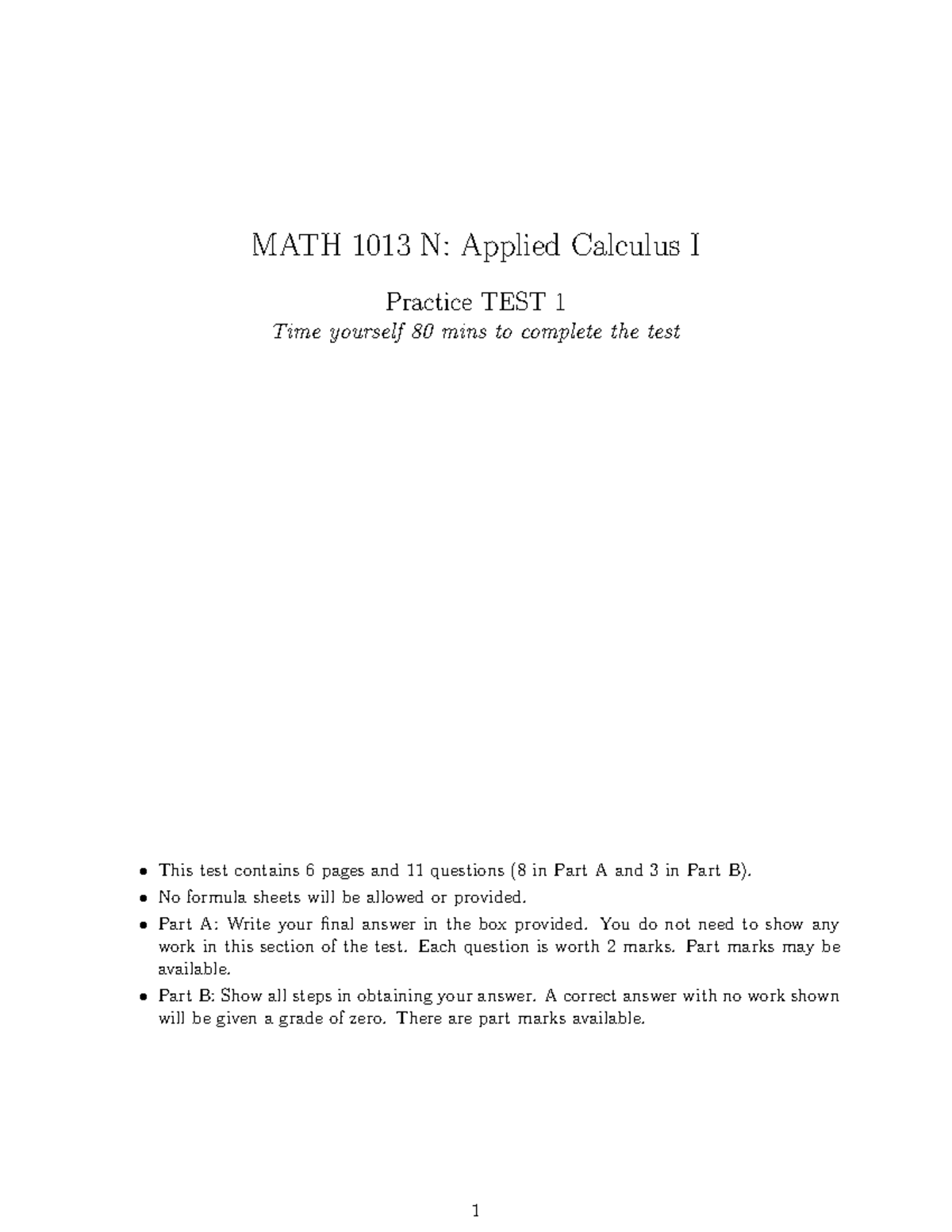M1013W TEST 1 Practice: Applied Calculus I Overview and Questions - Studocu