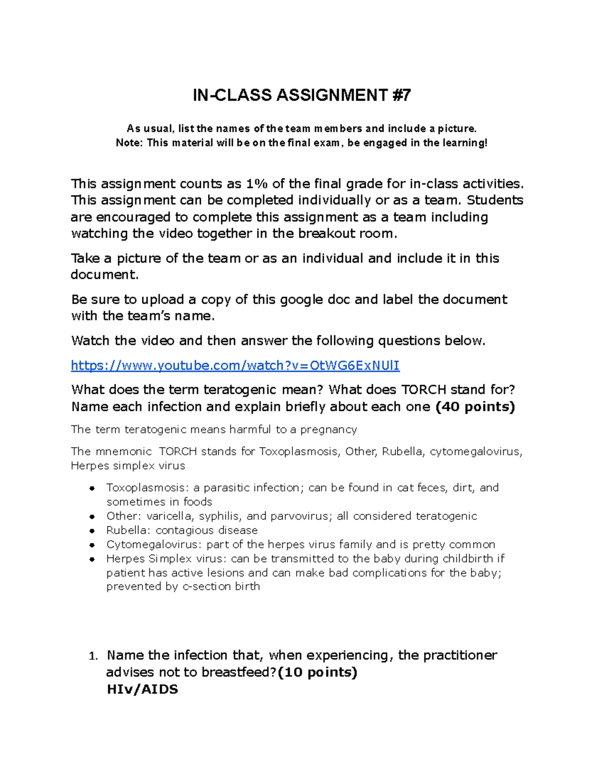 IN-CLASS ASSIGNMENT #7: Team Member List & Teratogenic Infections ...