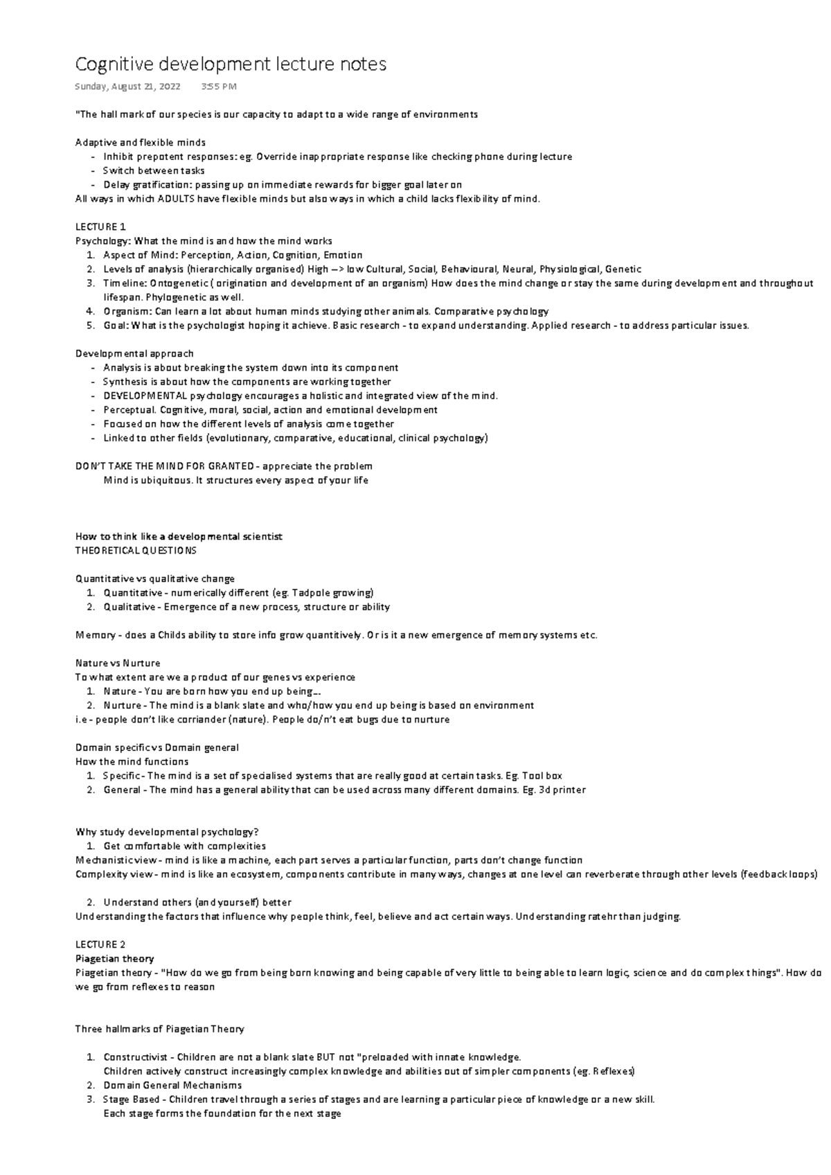 Cognitive Development Lecture Notes - PSY 101 Overview and Piaget's ...