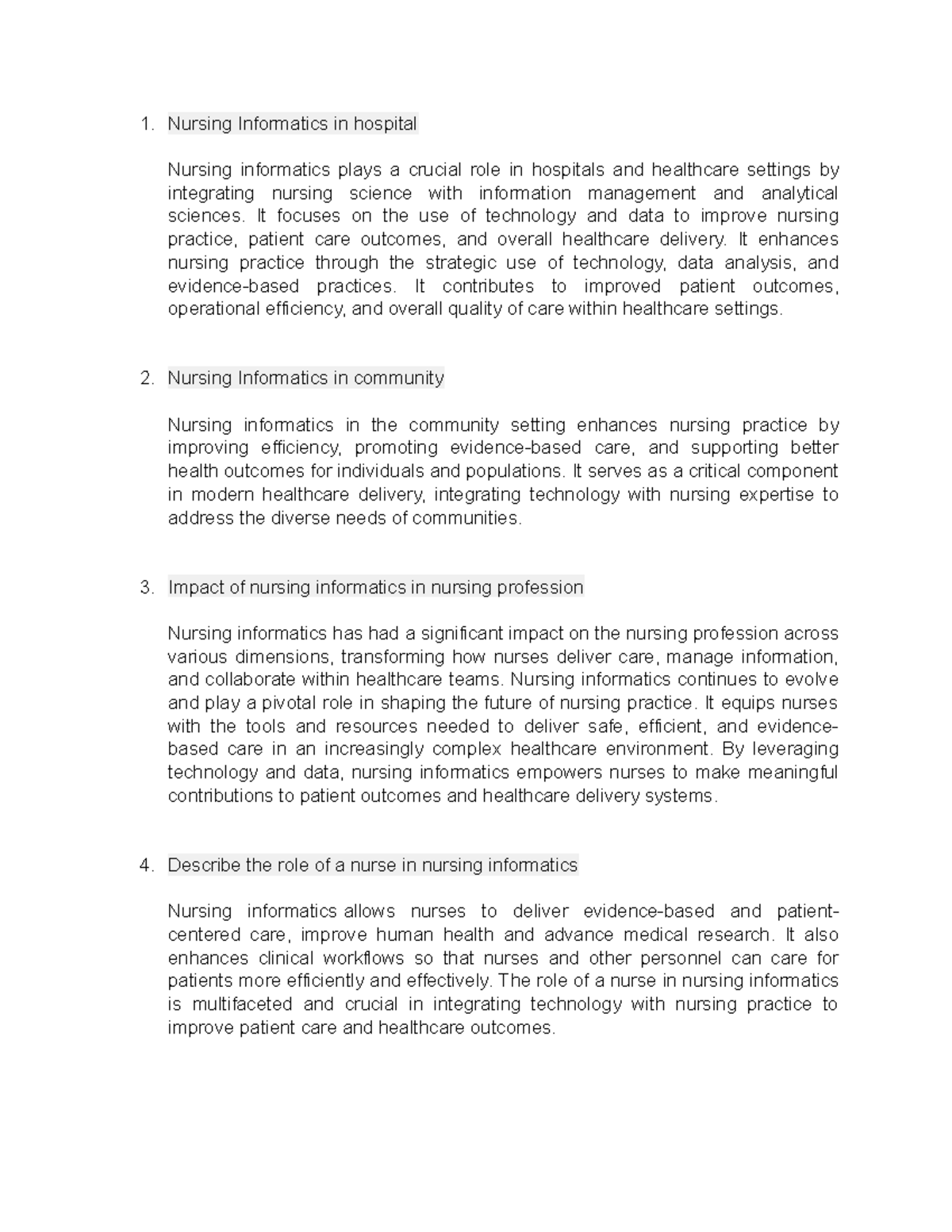 NUR 101: Nursing Informatics Impact on Patient Care & Outcomes - Studocu