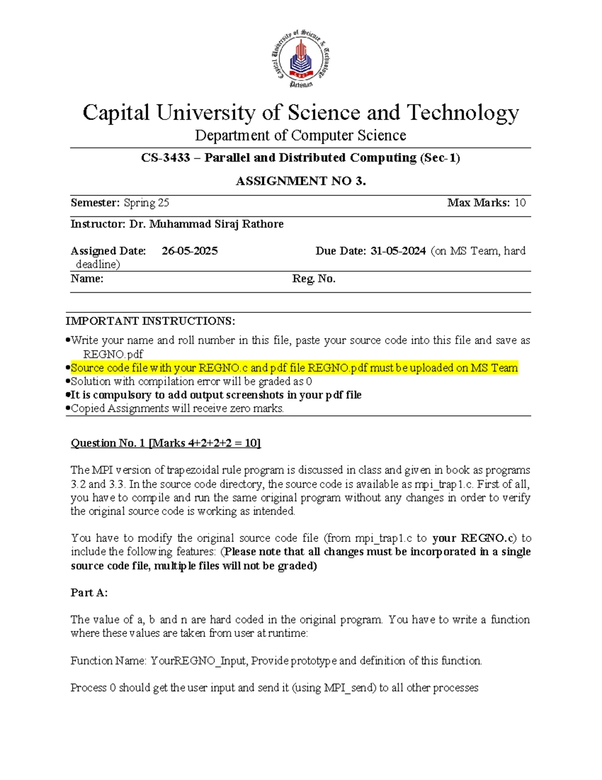 Assignment 1 - Sec1 2 - CSCS: Parallel & Distributed Computing - Studocu