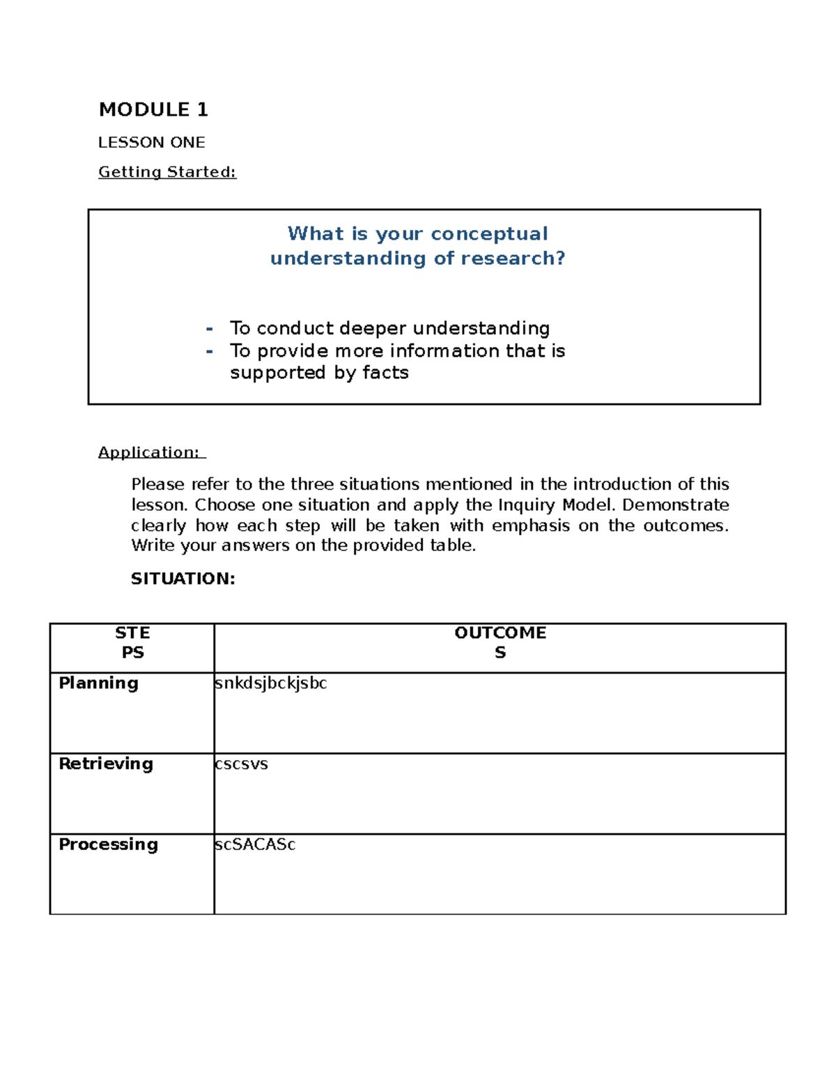 Research Answer sheet - MODULE 1 LESSON ONE Getting Started: What is ...