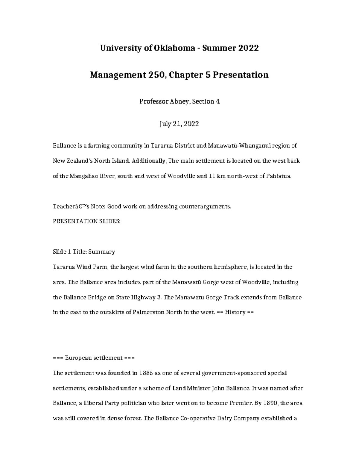 Management 250 Chapter 5 Presentation - University of Oklahoma - Summer ...