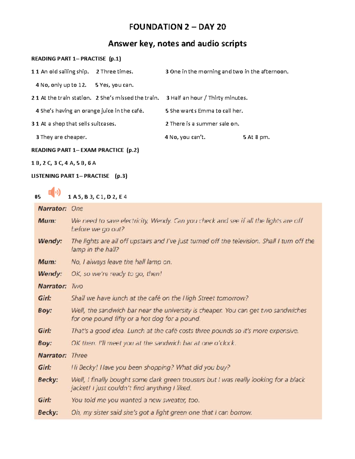 FOUNDATION 2 DAY 20 Answer Key, Notes & Audio Scripts for Practice ...