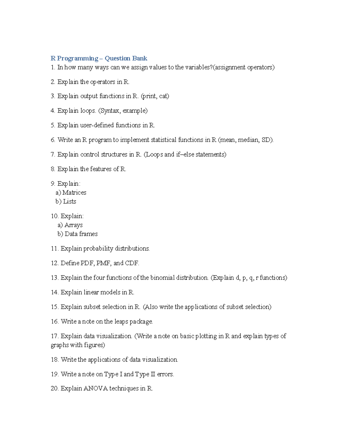 R Programming Question Bank: Key Concepts & Techniques (R 251221) - Studocu