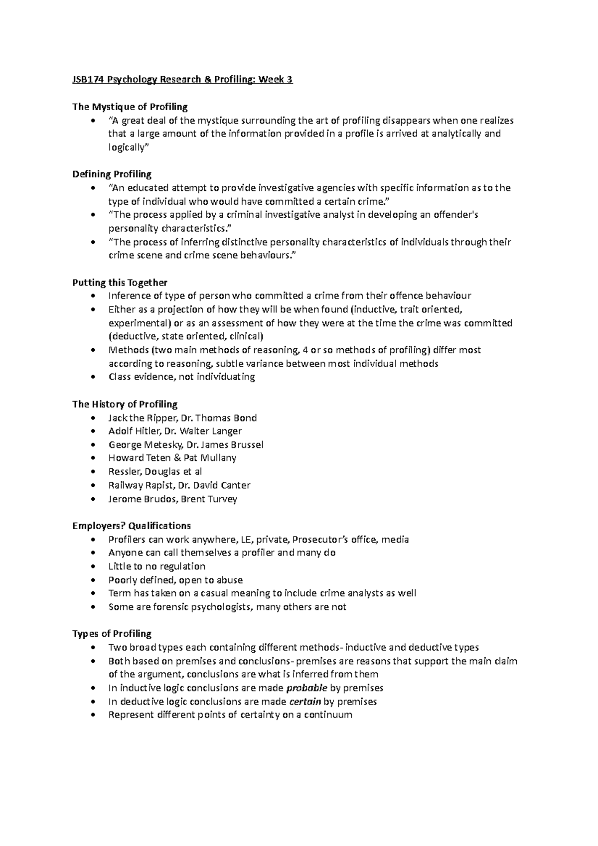 Week 3 - week three notes on tutorial and lecture - JSB174 Psychology ...