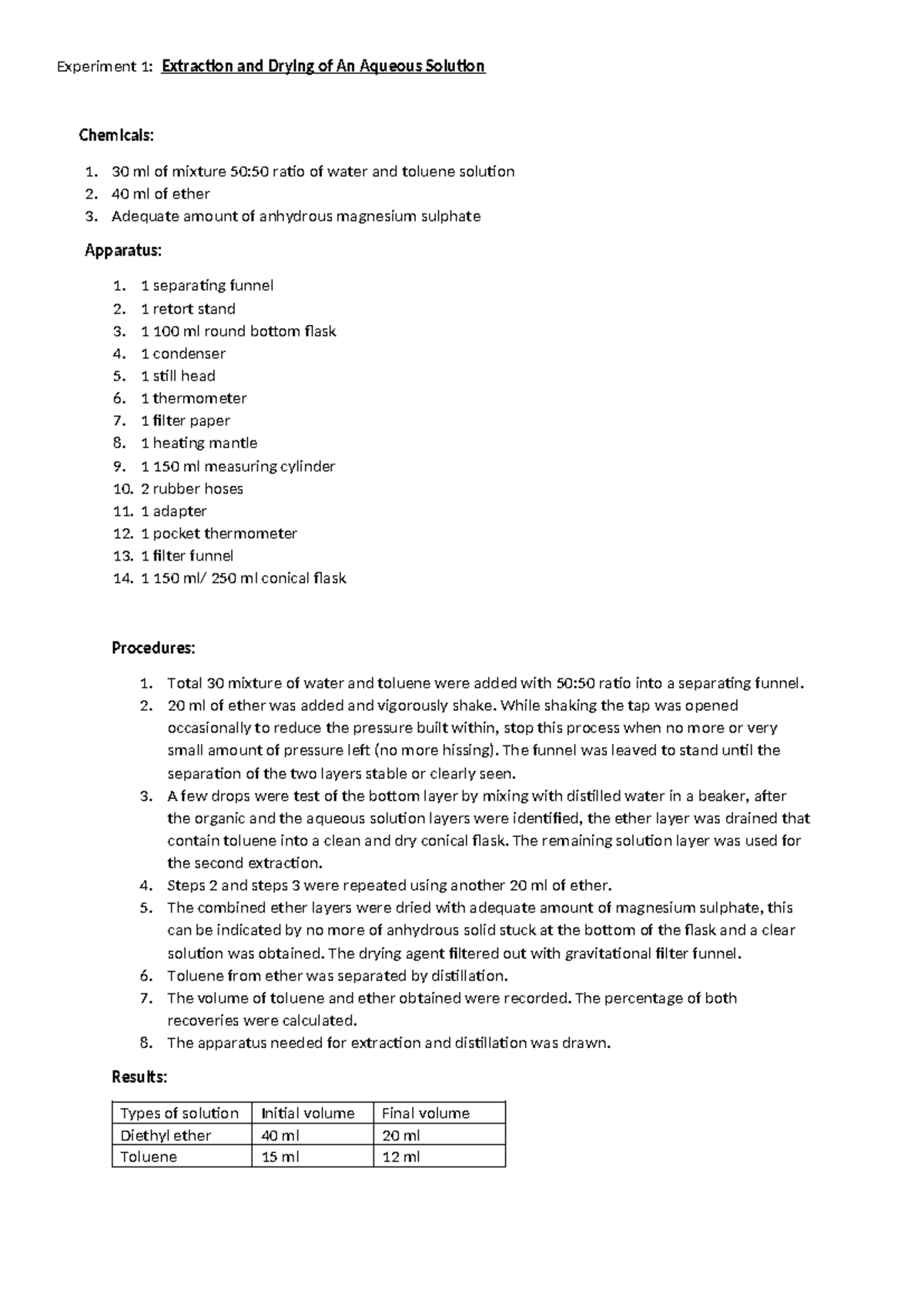 EXP 1 CHM 413 LAB REPORT - Experiment 1: Extraction and Drying of An ...