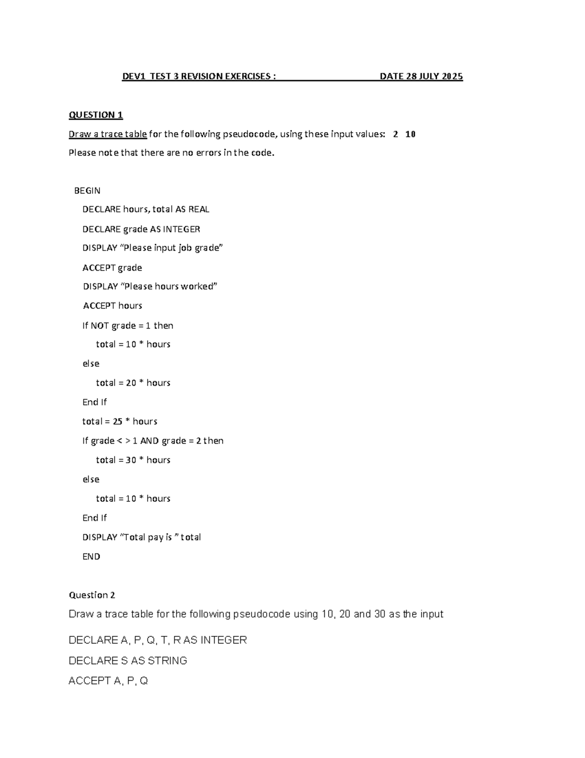 DEV1 2025 Test 3 Revision Exercises and Pseudocode Analysis - Studocu