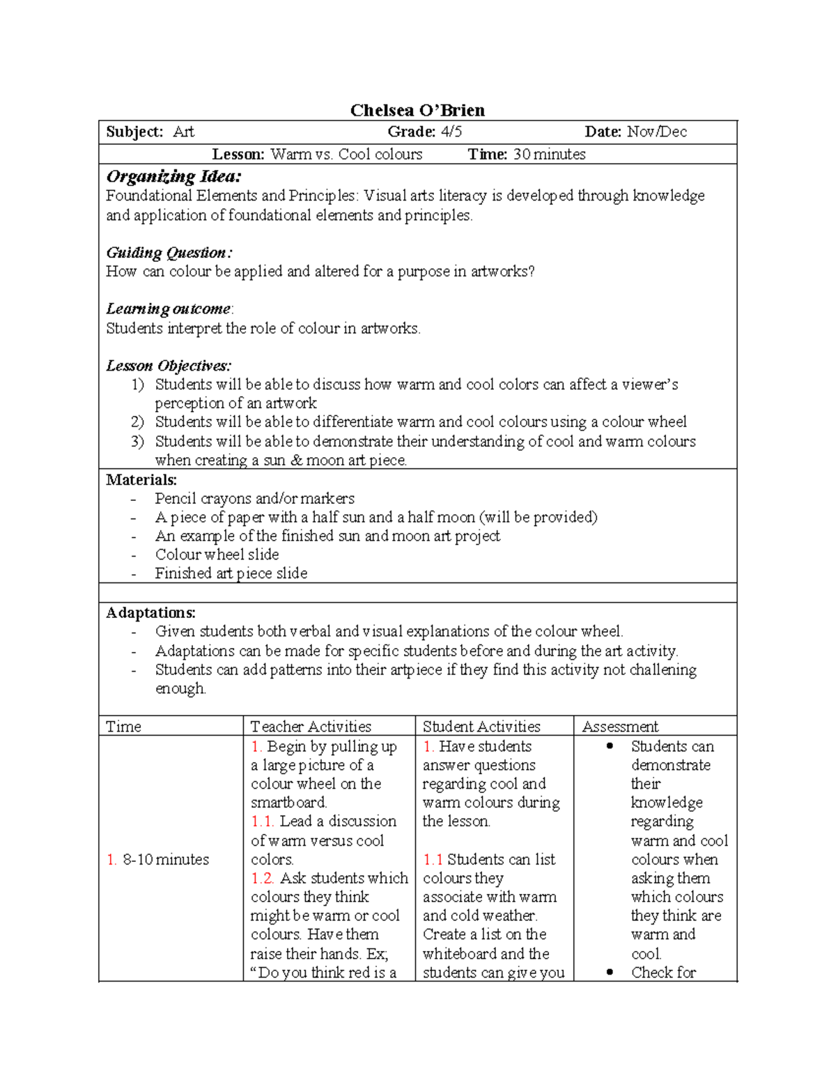 Art Lesson Plan CO - Understanding Warm vs. Cool Colors for Gr 4/5 ...