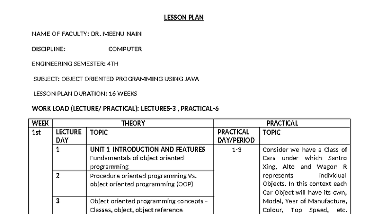 JAVA Lesson Plan for OOP - Dr. Meenu Nain - Sem 4 - Studocu