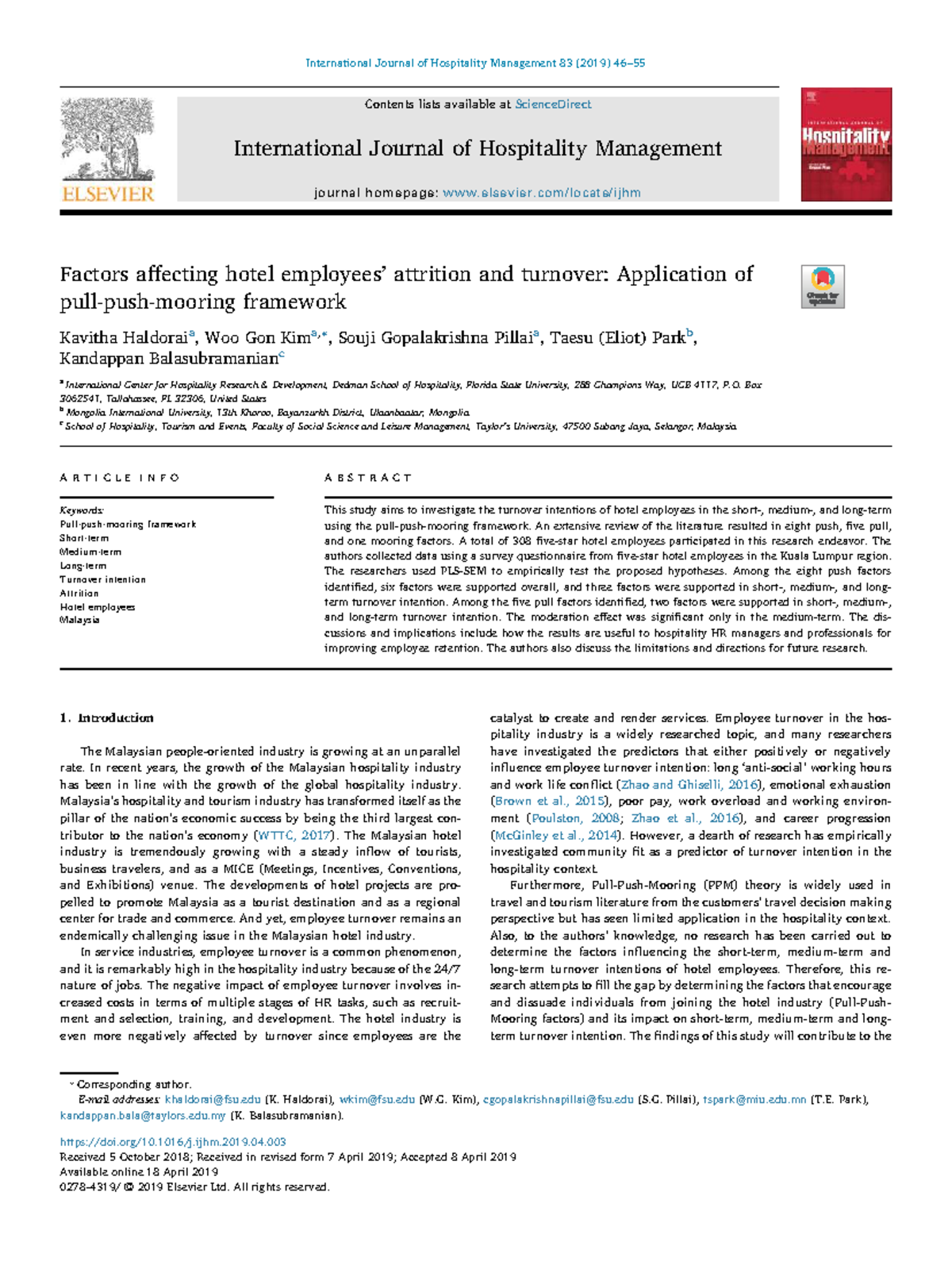 Factors Influencing Hotel Employee Turnover: A Study in Malaysia (HOS ...