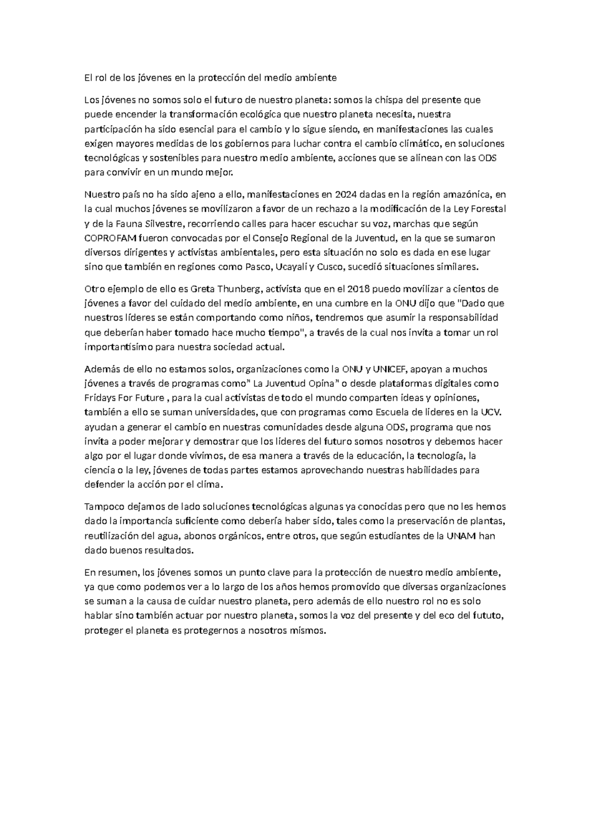 El rol de los jóvenes en la protección del medio ambiente 2.0 - Studocu