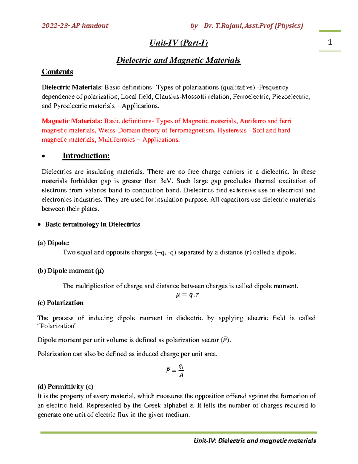 AP Handout: Dielectric and Magnetic Materials Overview (Part 1) - Studocu