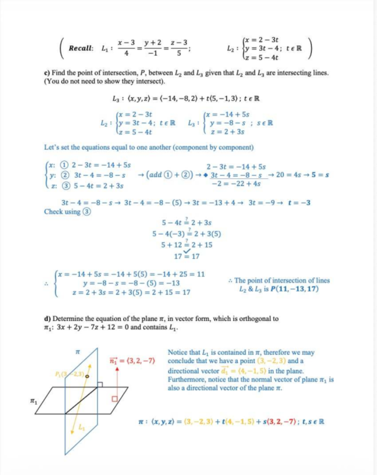 Intersection of Lines L₂ and L₃ with Plane Equation π (Math 101) - Studocu
