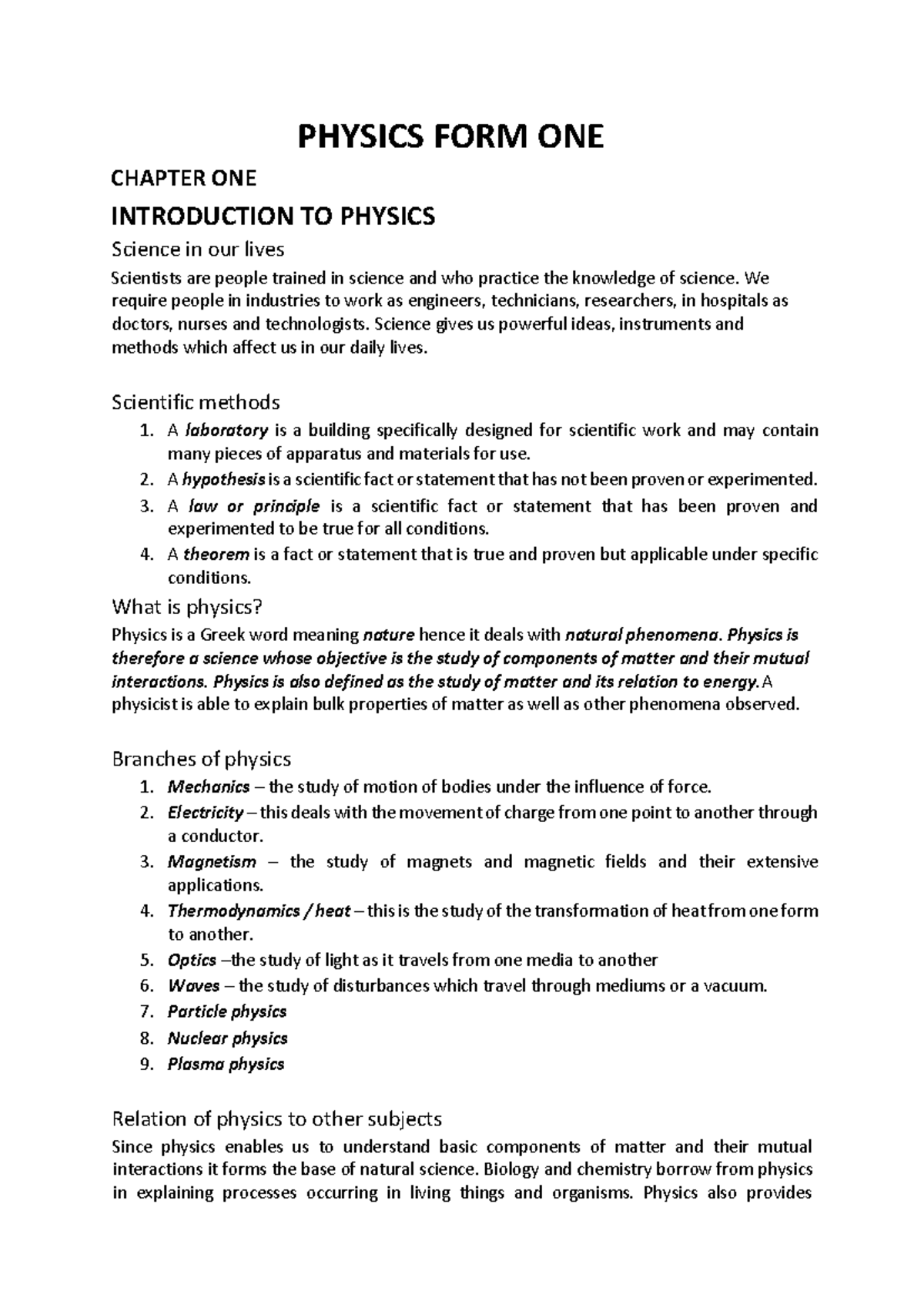 PHYSICS 101: FORM ONE CHAPTER ONE - INTRODUCTION TO PHYSICS NOTES - Studocu