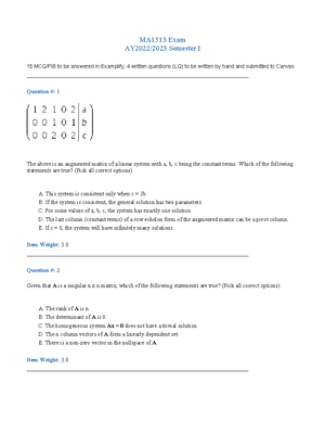 Ma1513(2122sem1)examplify - MA1513 Final Exam Exam ID: 21981 # of ...