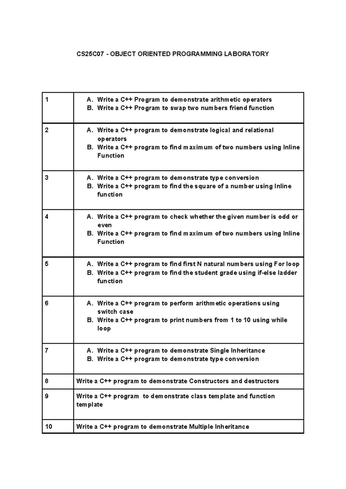 CS25C07 OOP Laboratory Questions and Programming Tasks - Studocu