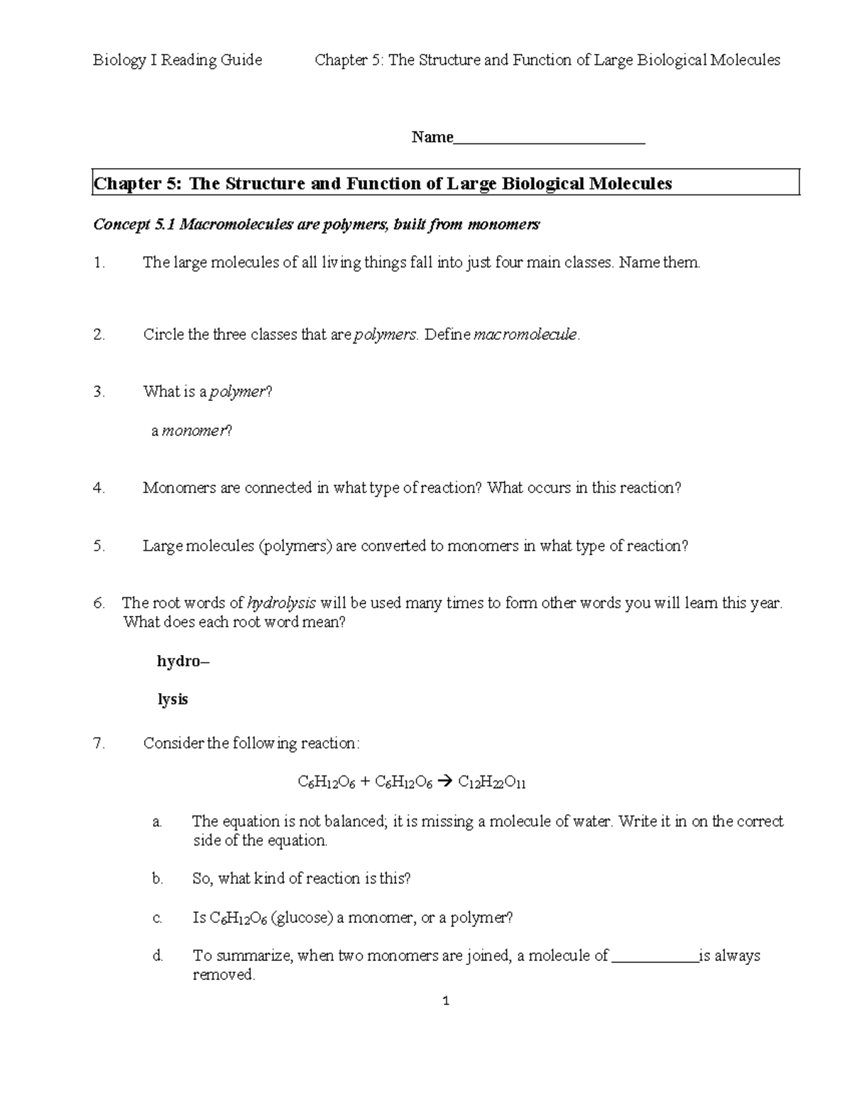 Chapter 5 Study Guide - Name Chapter 5: The Structure and Function of ...