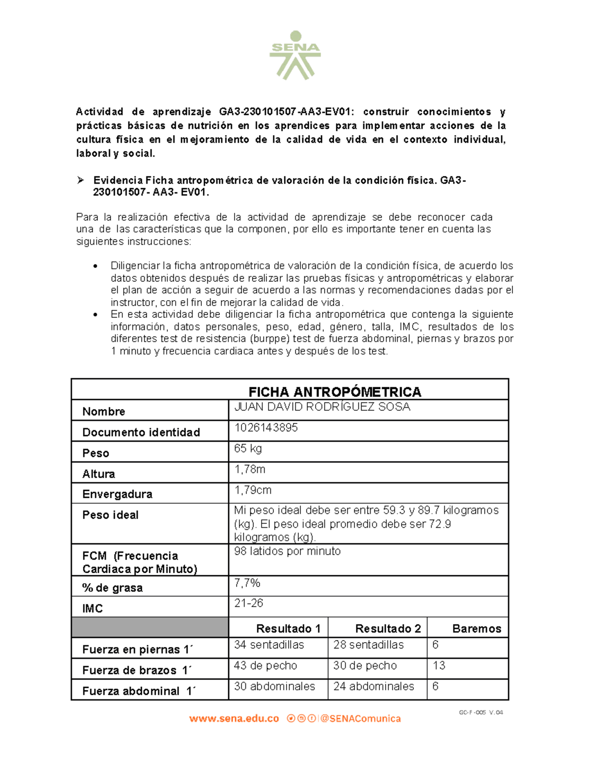 Ficha Antropométrica y Valoración de la Condición Física GA3-230101507-AA3-EV01 - Document Preview