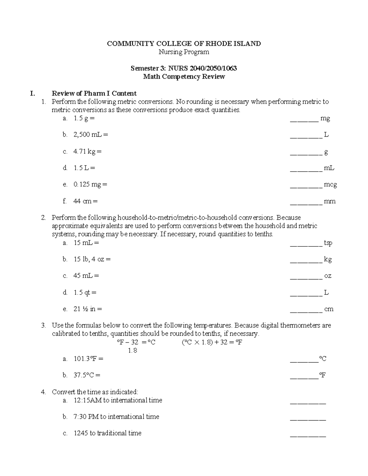 NURS 3: Math Competency Review for Nursing Program - Studocu