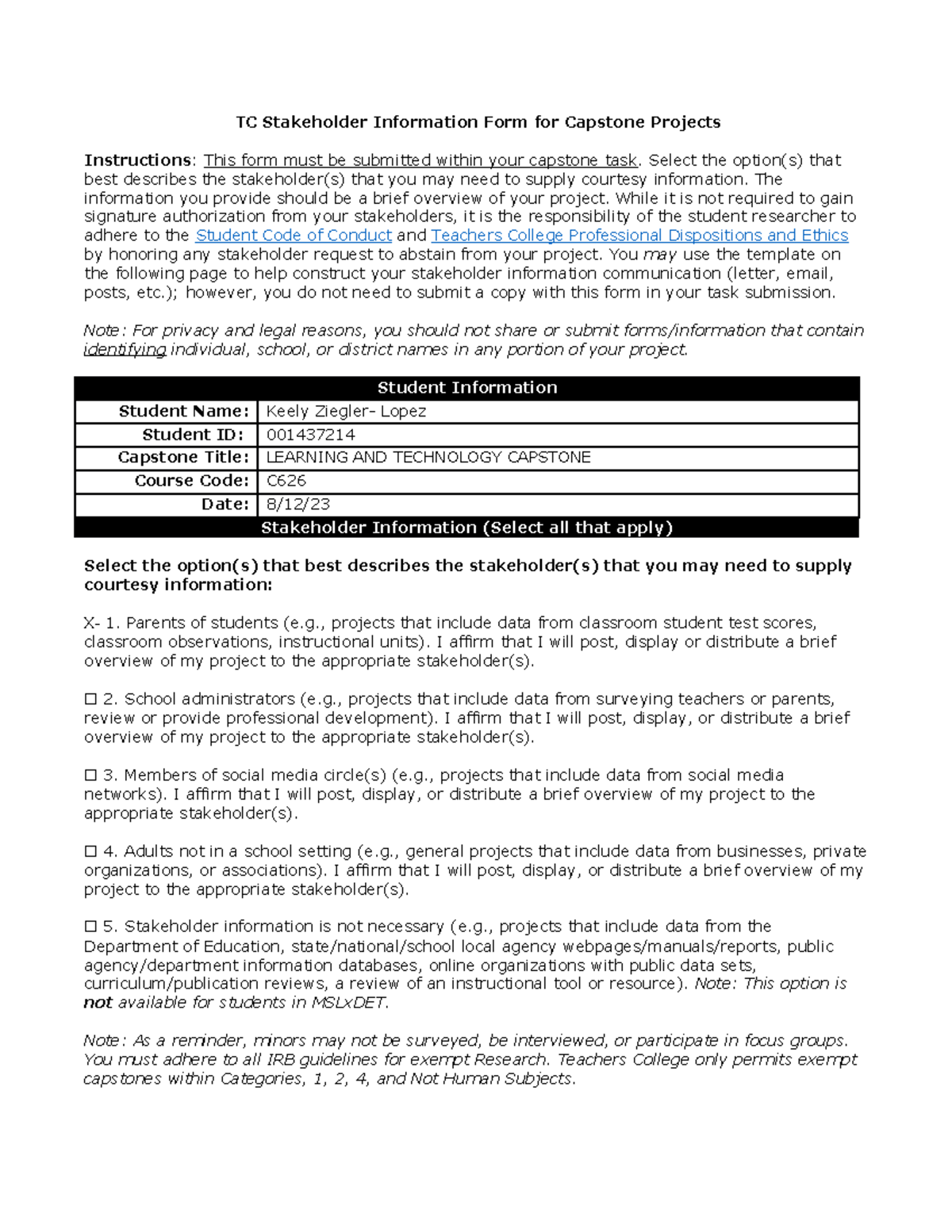 TC Stakeholder Info Form for Capstone Project (Course Code C) - Studocu