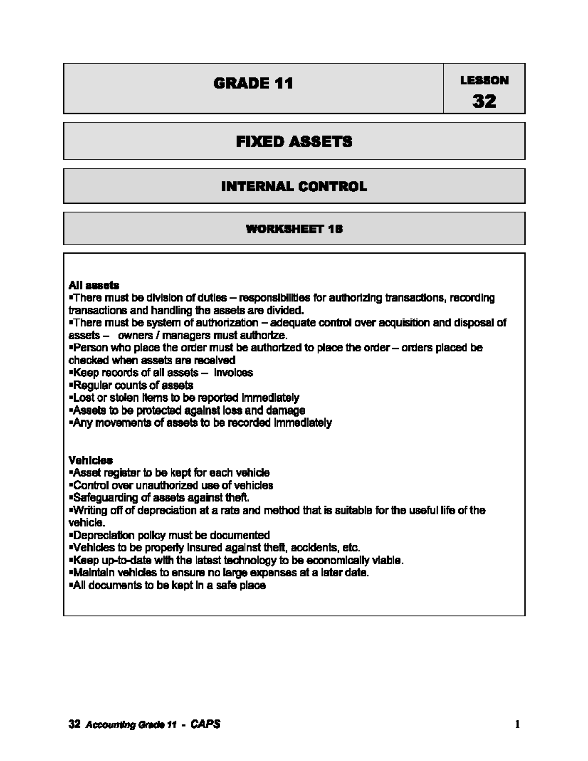 Grade 11 Accounting: Fixed Assets Internal Control and Depreciation ...