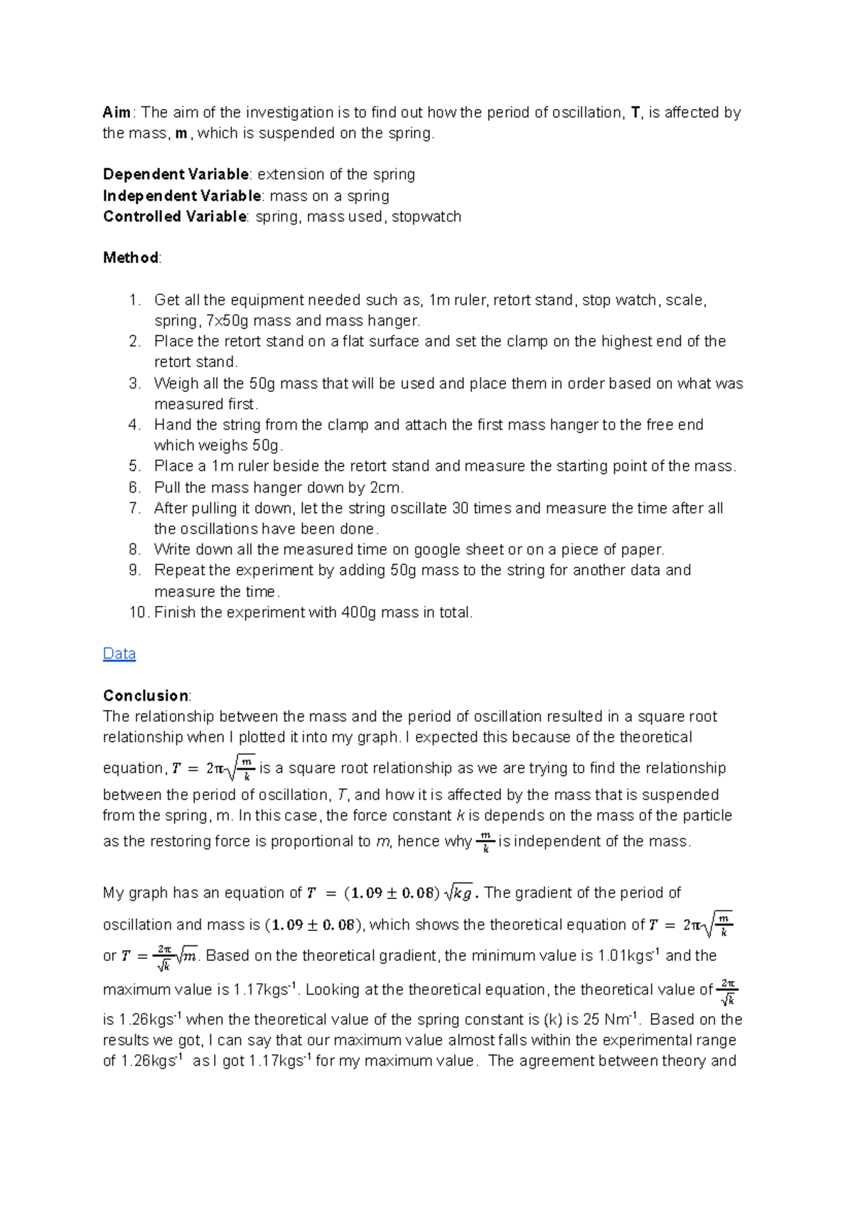 Physics AS 91521 - Practical Investigation of Mass and Oscillation ...