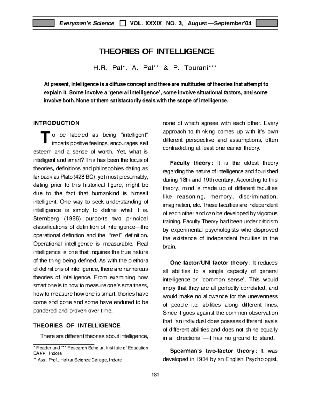 Theories of intelligence - THEORIES OF INTELLIGENCE H. Pal*, A. Pal ...