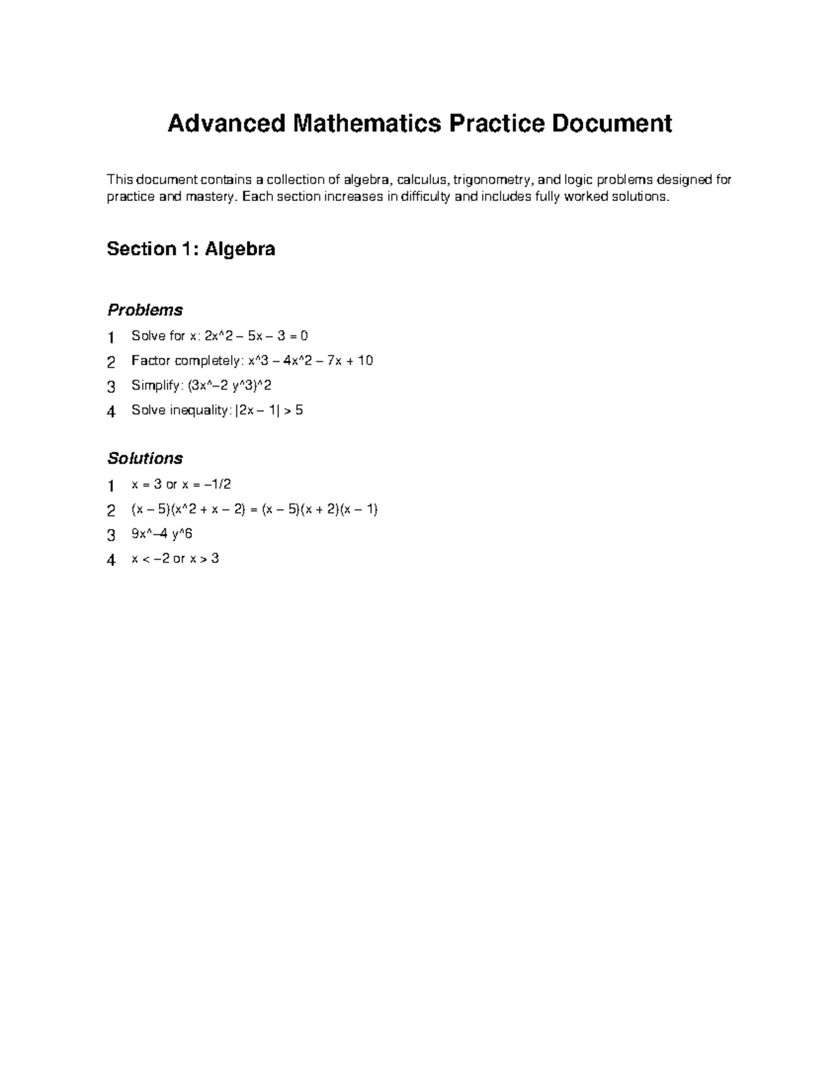 Advanced Math Practice Document: Algebra, Calculus & More - Studocu