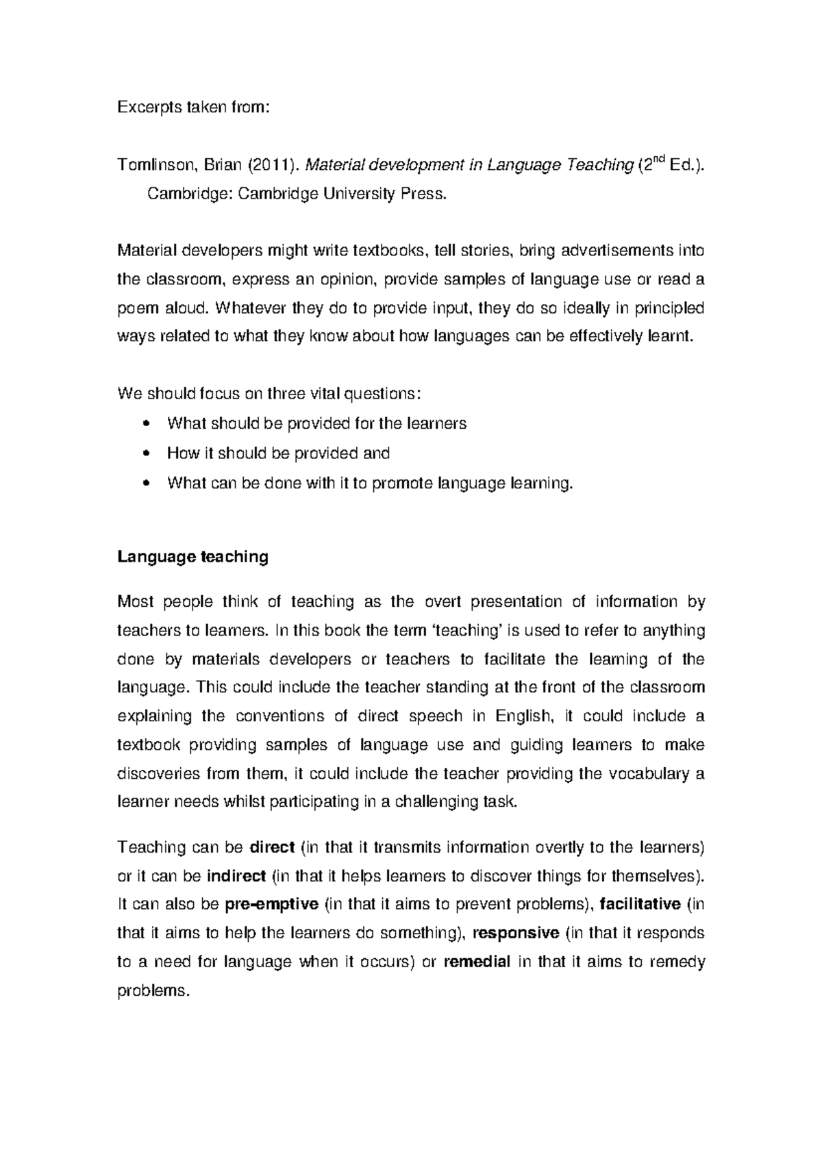 Insights on Material Development in Language Teaching (TOML 101) - Studocu