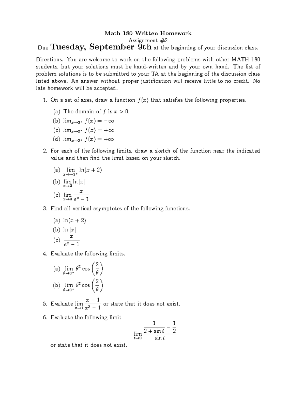 Math 180 Written Homework Assignment 2: Due Sept 9th - Studocu