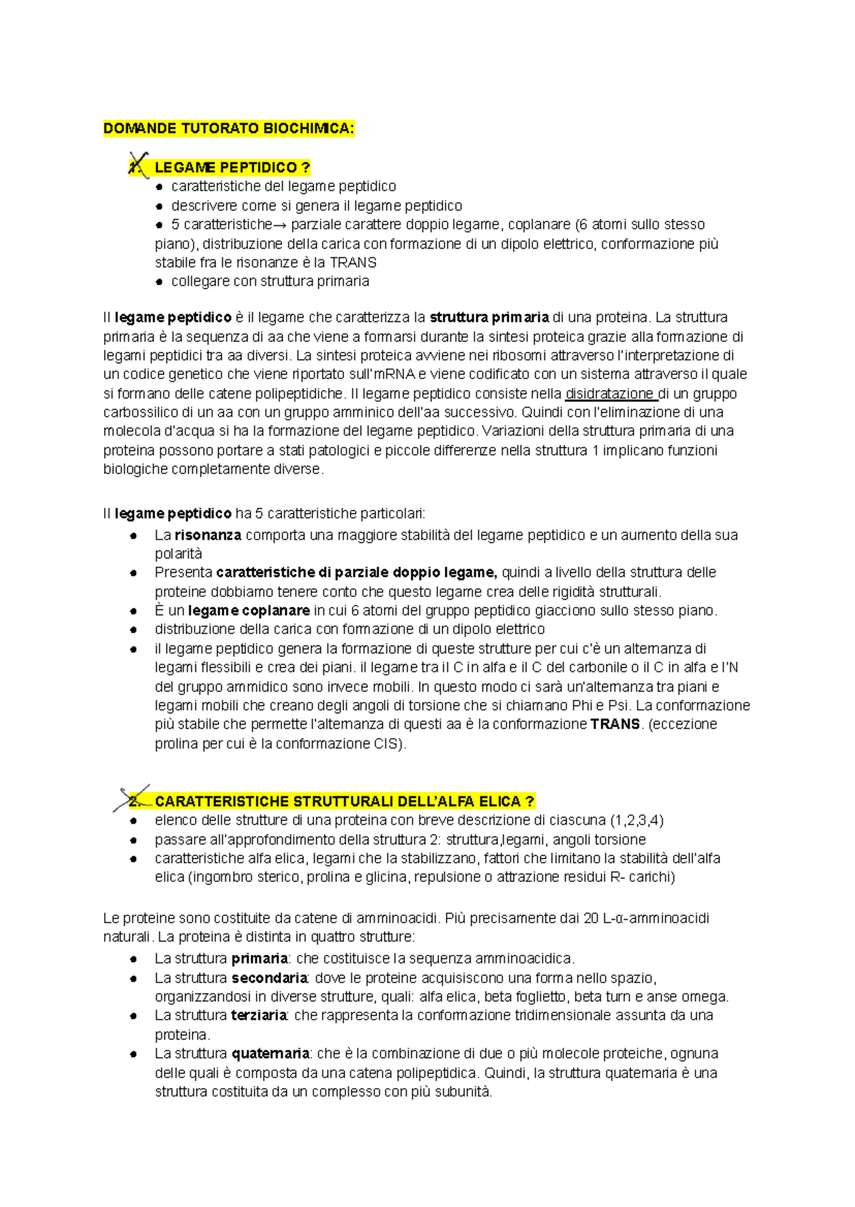 Domande Tutorato Biochimica: Legame Peptidico e Strutture Proteiche ...